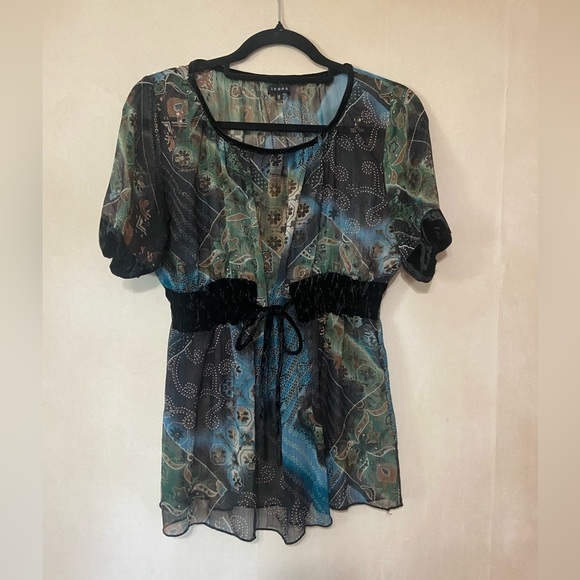 Icons women's M sheer flowy top with velvet waist tie and sleeve details GUC - Picture 2 of 7